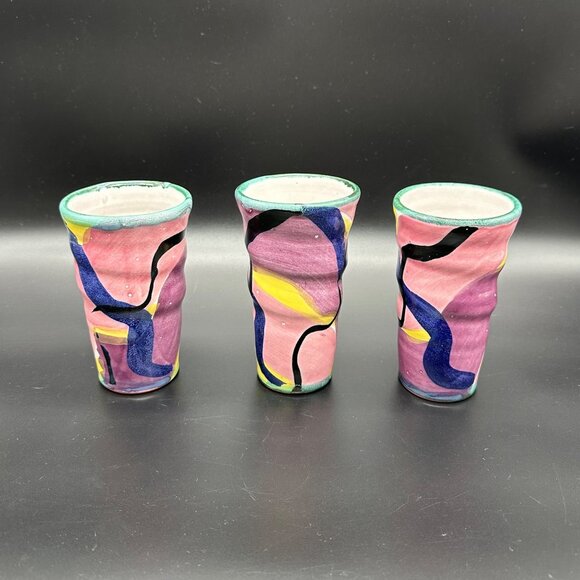 Art Pottery Tumblers Cups Redware Abstract Colorful Signed KE Handmade Painted - Picture 2 of 11